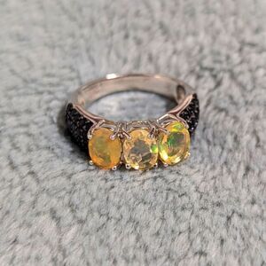 NWOT - Oval Ethiopian Opals w/ Black Spinel Rounds Rhodium Sterling Silver Ring
